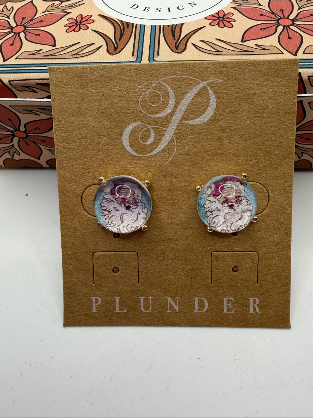 Plunder Gold Santa Round Stud Earrings with Pink and Blue Accents